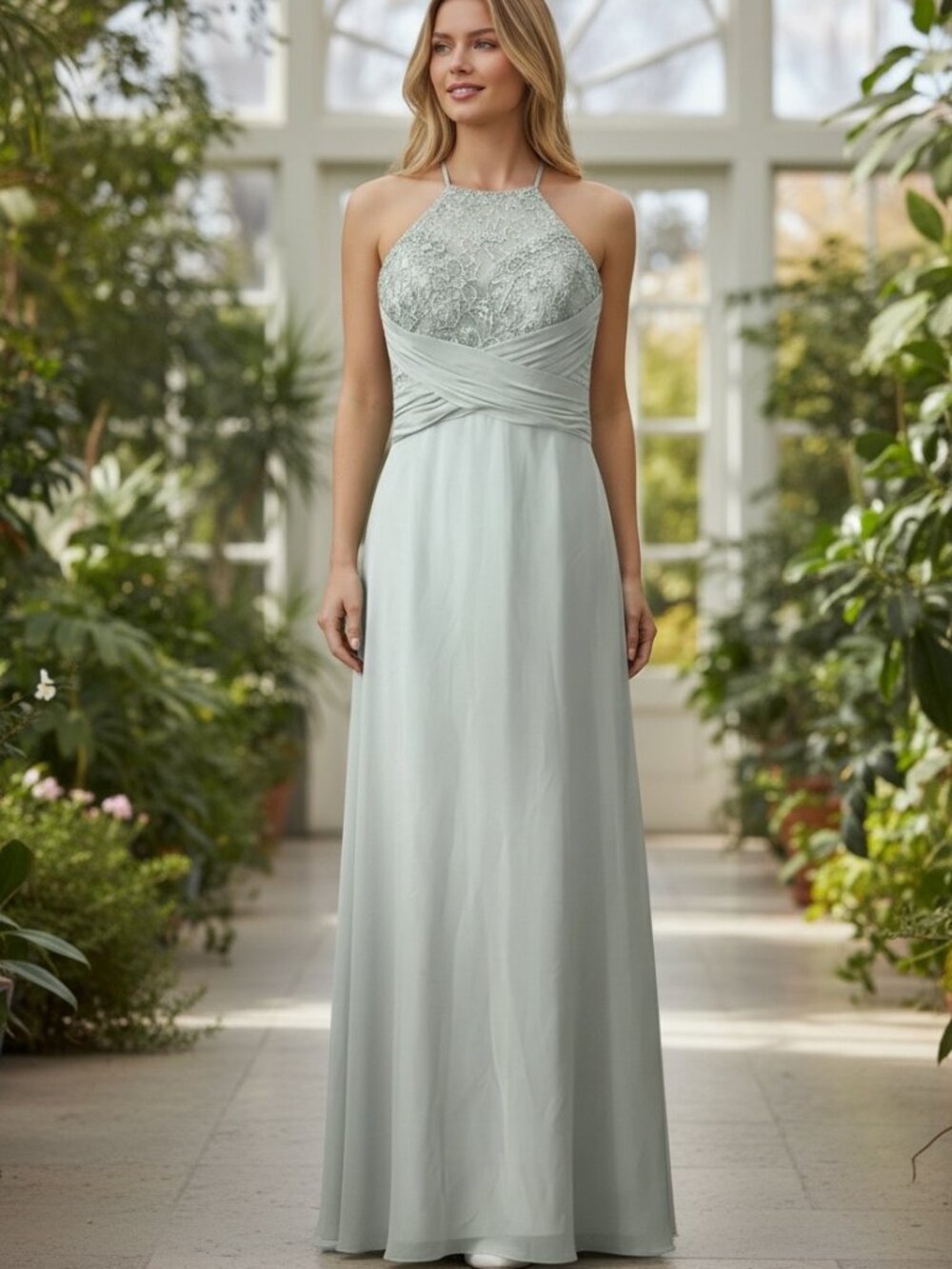 Mori Lee Bridesmaid Dress Size 10 Blue Sky Lace Chiffon Halter Formal Gown
